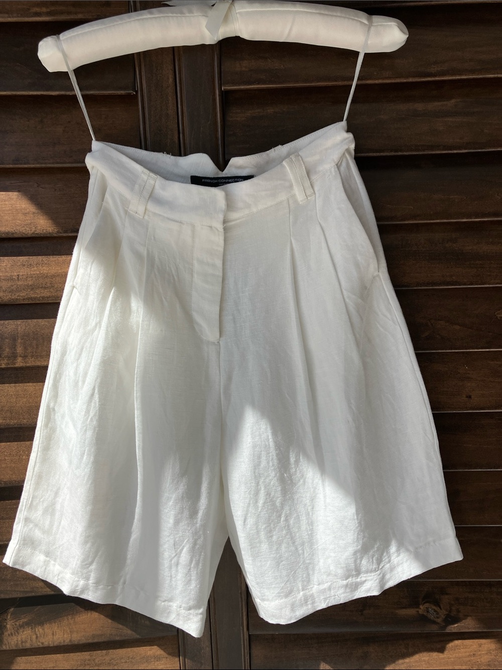 French Connection White High-Waist Pleated Linen Shorts